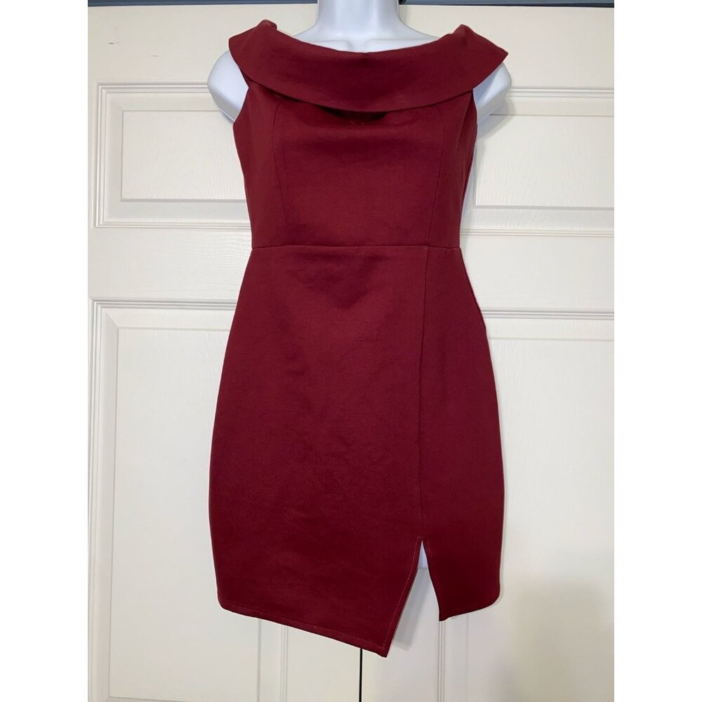 Asymmetrical Burgundy Cocktail Dress With Cowl Neckline & Side Slit